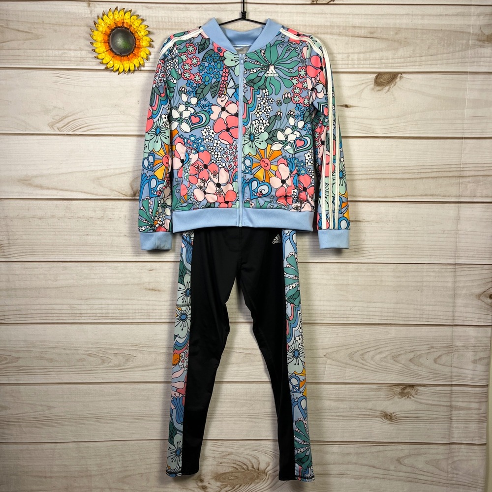Adidas Kids Floral Track Jacket & Pants Set Blue Pink‎ Green Size L 14